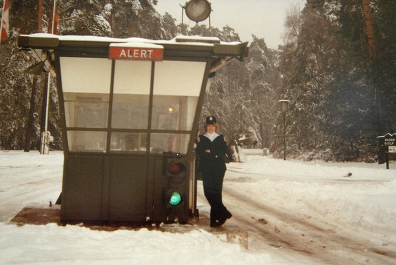 Francine Dorval at the checkpoint at the Main gate(1982)... photo submitted by Linda Timlick to CFB Baden Remembered (Facebook)