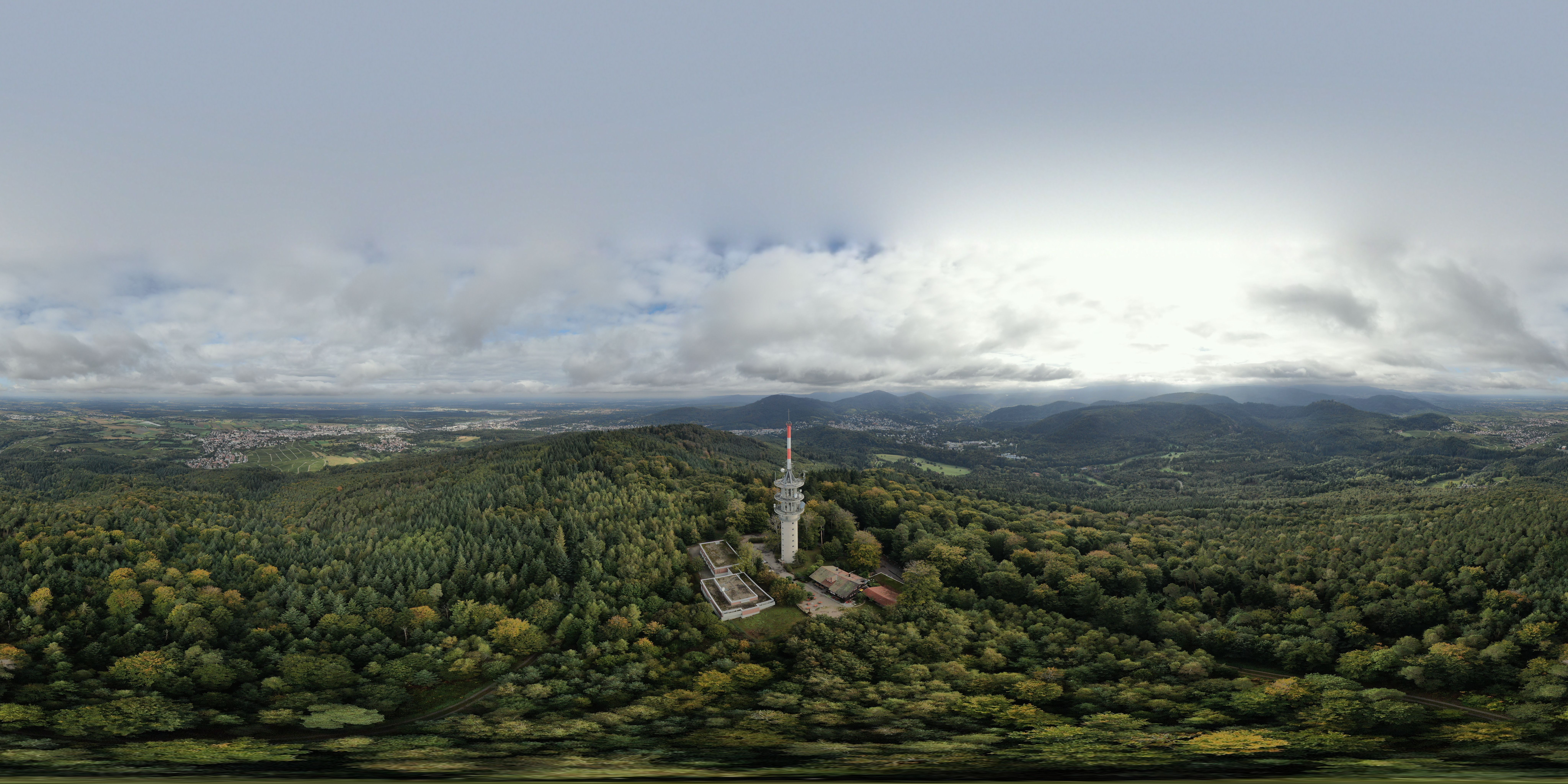 Fremersberg Tower 360° photosphere panoramic view of surrounding area(2019) ... drone photography by Mike Giessler  
