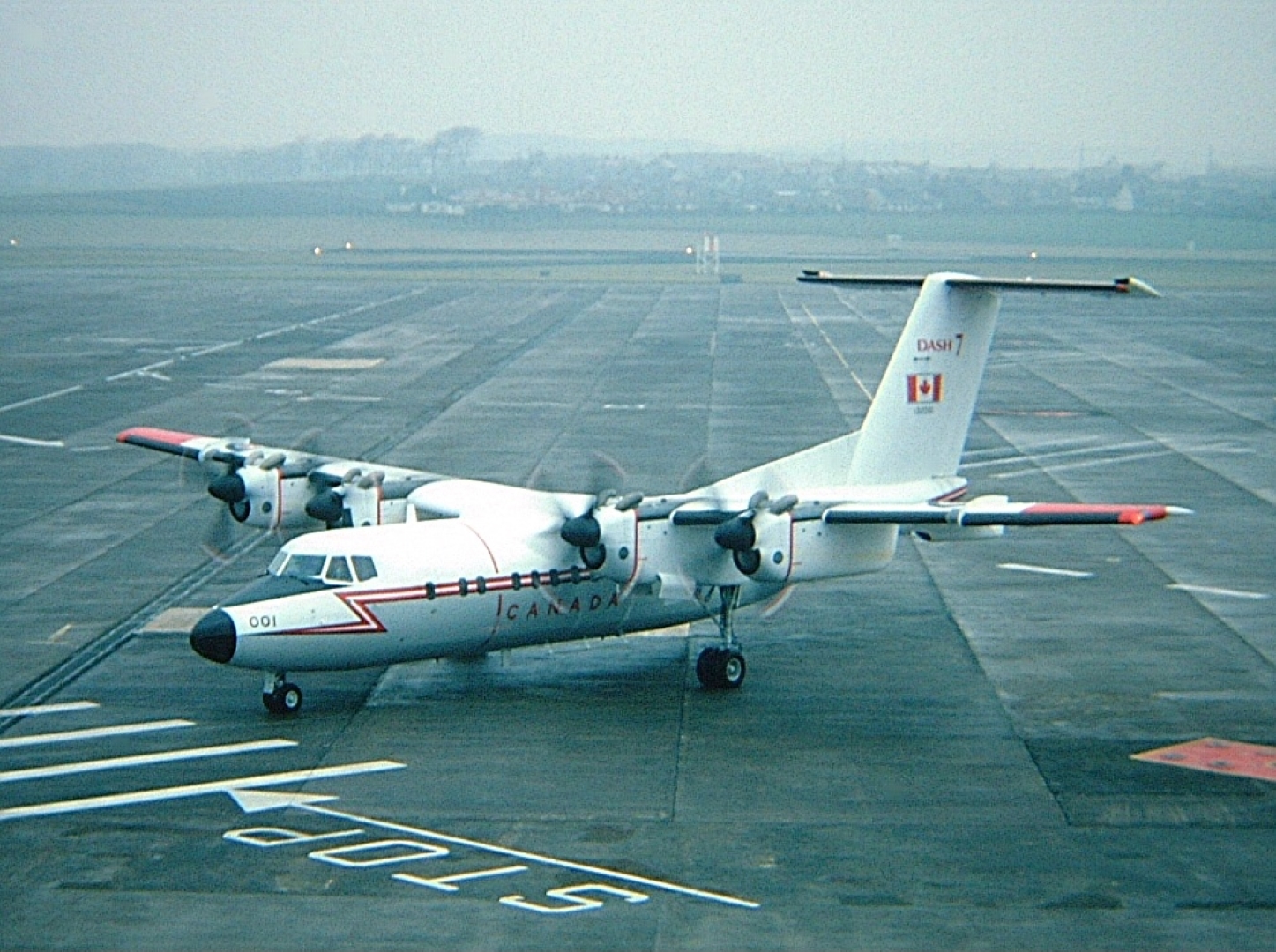 Canadian Armed Forces DeHavilland DHC-7 Dash-7 (CC-132) from Canadian Forces Base Lahr in West Germany arriving at Glasgow Prestwick International Airport in Scotland.