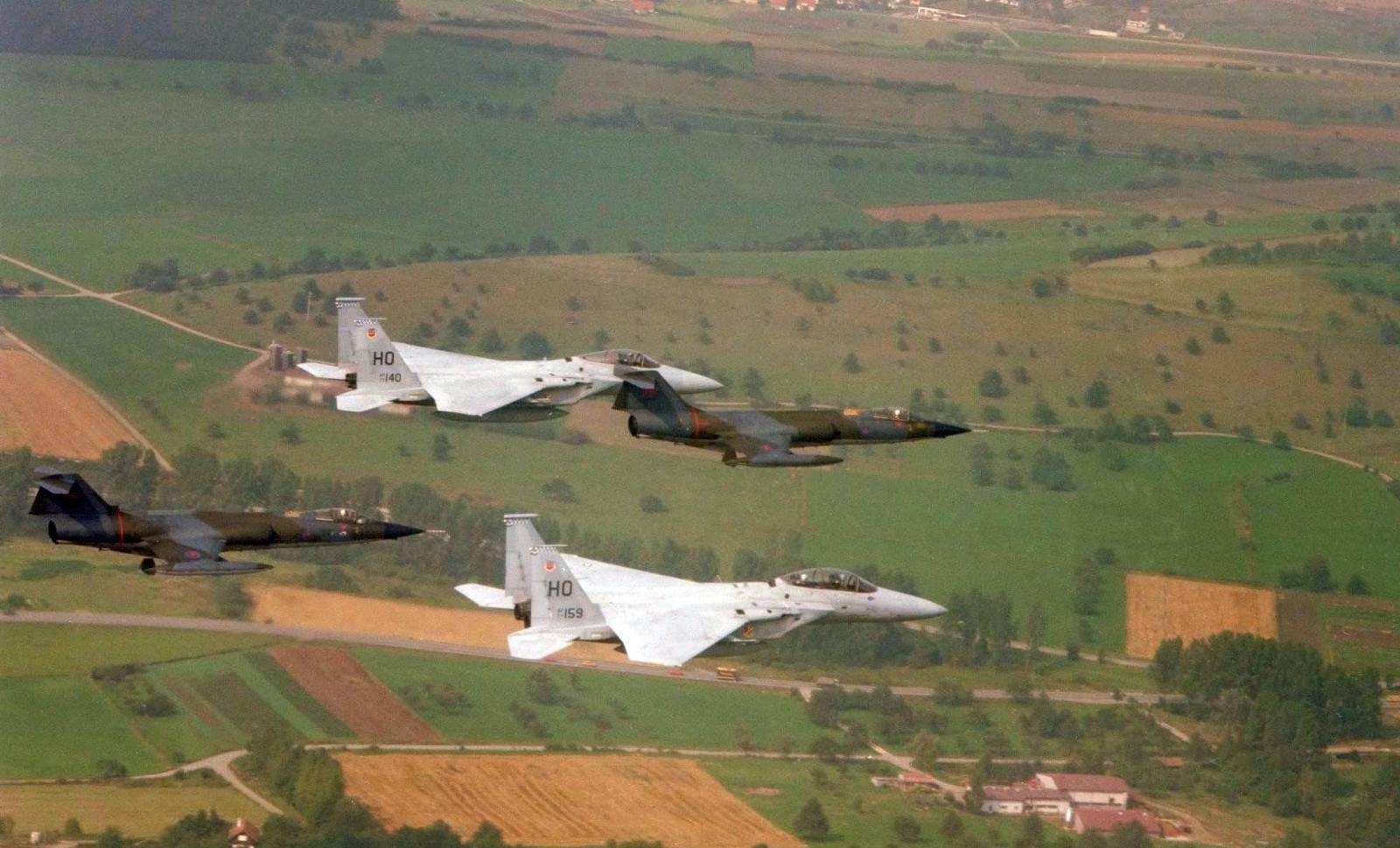 CF-104 Starfighters from CFB Baden-Söllingen (EDSB) with F-15 Eagles near CFB Lahr (EDSB), West Germany